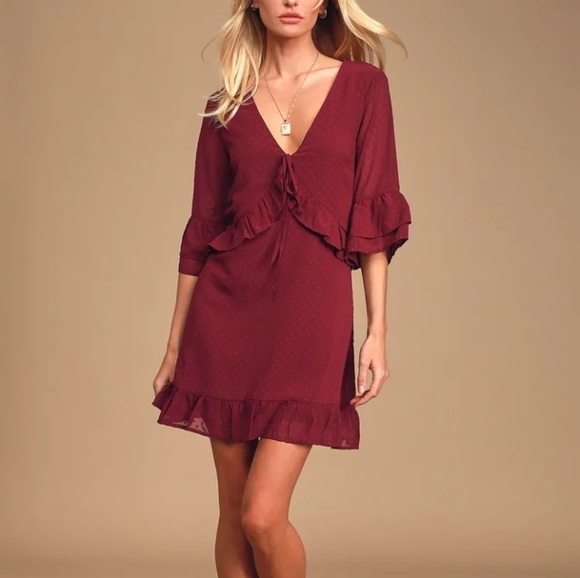 Lulu's Daydream Wine Red Swiss Dot Ruffled Dress XS - Picture 4 of 14